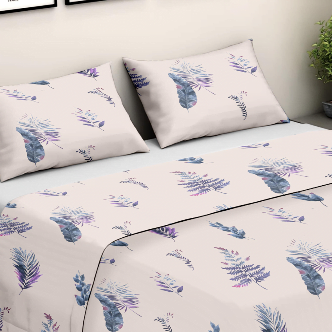 280 TC Pastel Ferns Flat King Size Bedsheet with 2 Pillow Covers